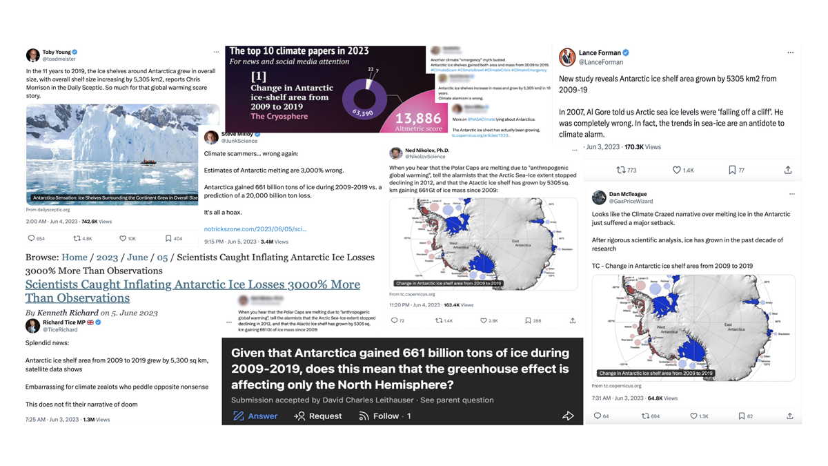 Collage of tweets surrounding a paper on Antarctic ice cover.