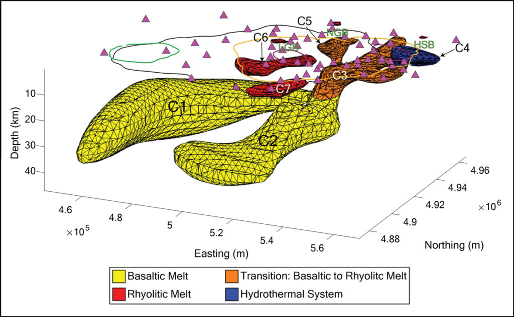 Map of magma reservoirs at the Yellowstone Caldera