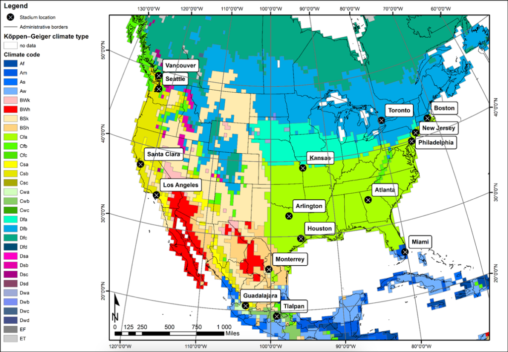 A map of North America with different climate zones highlighted in different colors. The locations of the 16 stadiums hosting World Cup games are marked and labeled.