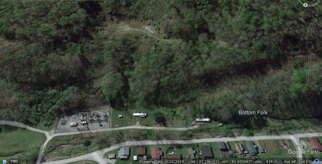 Google Earth image of the site of the the 17 February 2025 landslide at Fleming-Neon in Kentucky.