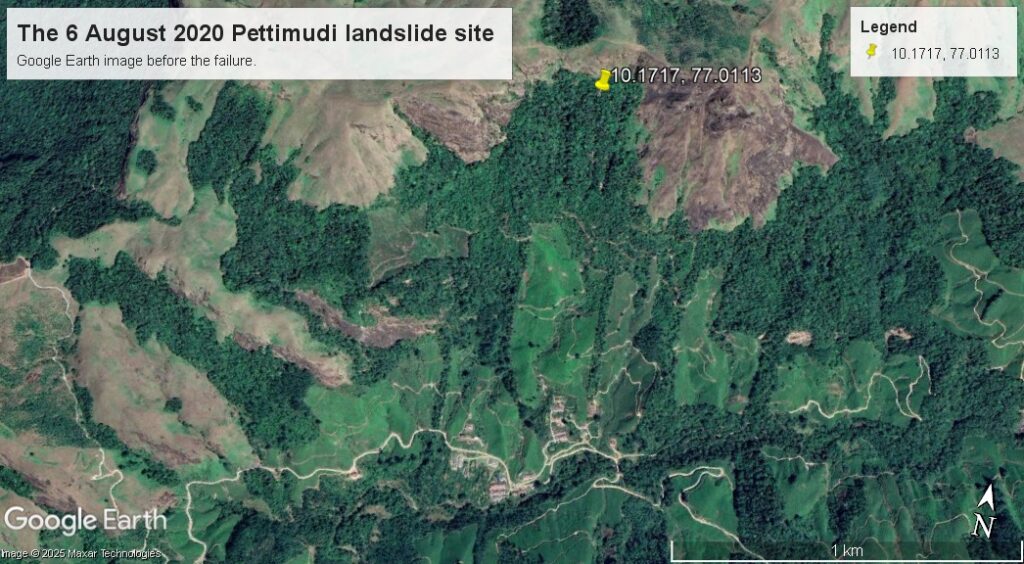 Google Earth image collected on 30 January 2020 showing the site of the 6 August 2020 Pettimudi landslide.
