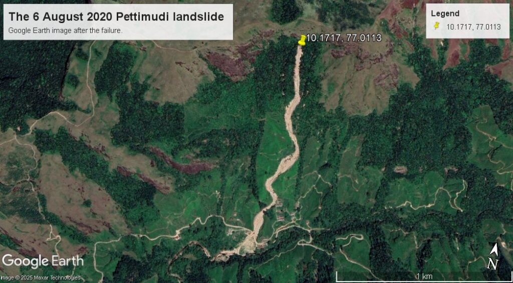 Google Earth image collected on 19 January 2021 showing the aftermath of the 6 August 2020 Pettimudi landslide.