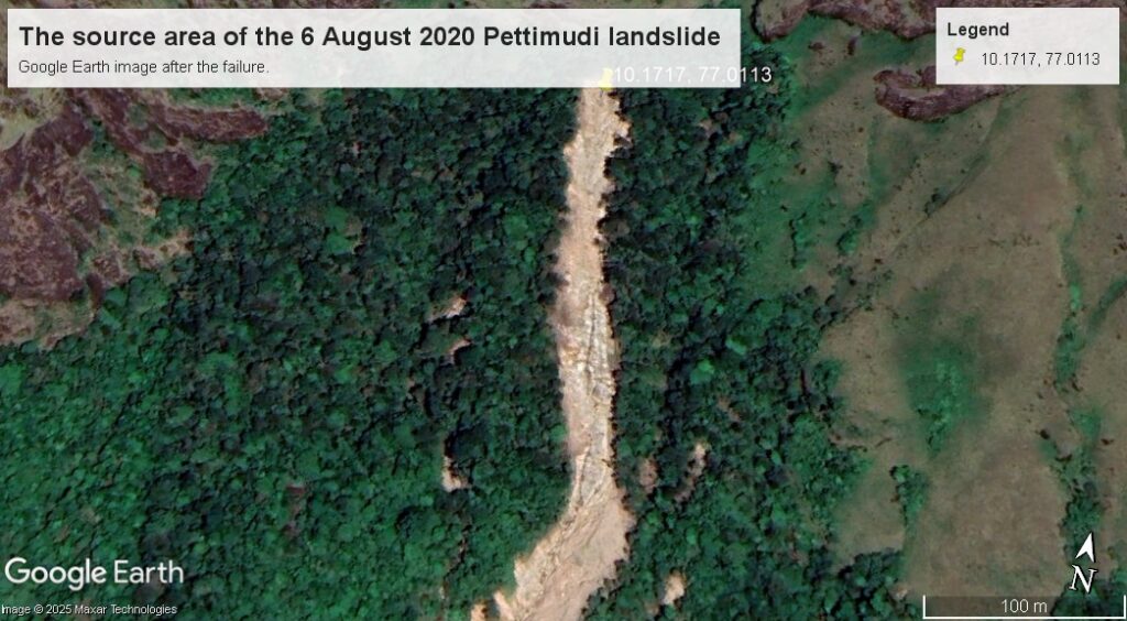Google Earth image collected on 19 January 2021 showing the source area of the 6 August 2020 Pettimudi landslide.