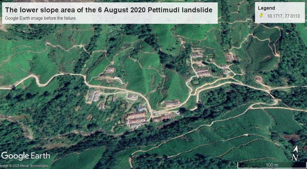 Google Earth image collected on 30 January 2020 showing the the lower slopes of the site of the 6 August 2020 Pettimudi landslide.