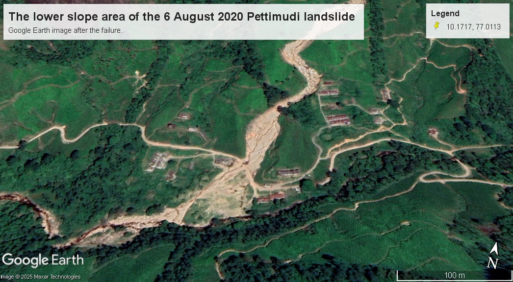Google Earth image collected on 19 January 2021 showing the lower slope area in the aftermath of the 6 August 2020 Pettimudi landslide.