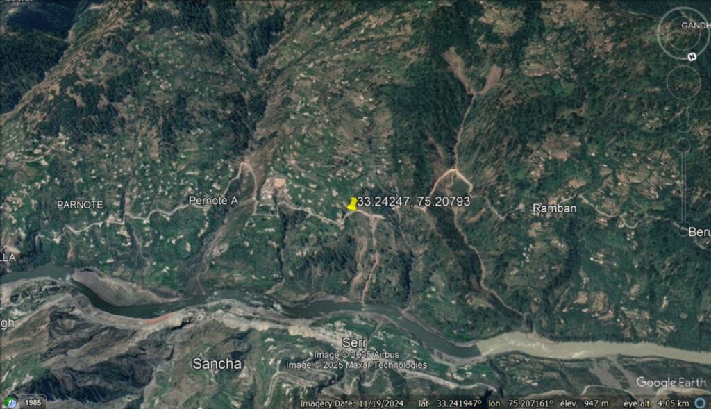 Google Earth image from Match 2022 showing the site of the 25 April 2024 landslide at Pernote in India.