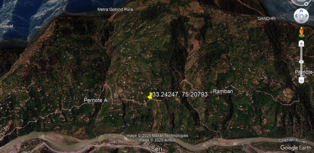 Planet image from the day of the failure, showing the site of the 25 April 2024 landslide at Pernote in India. Image copyright Planet, used with permission. Image dated 25 April 2024.