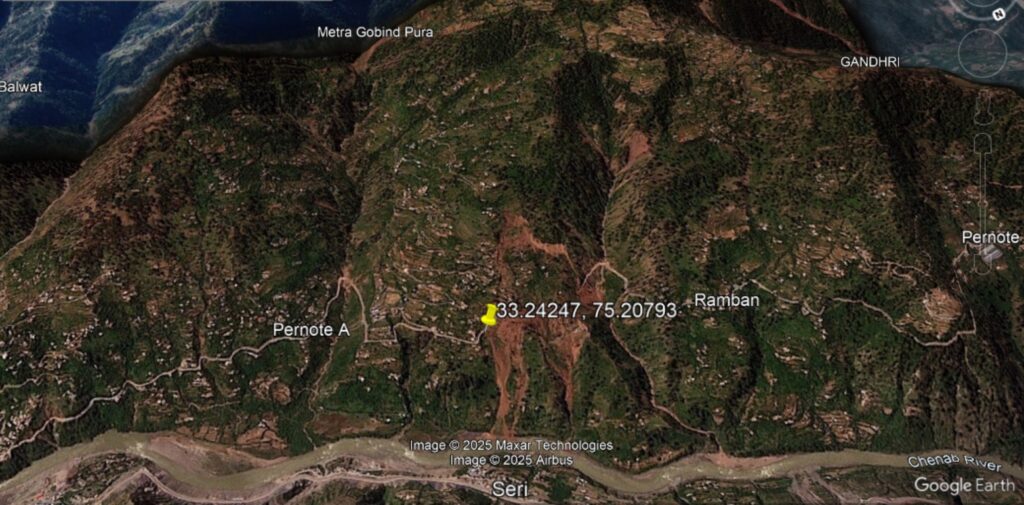 Planet image from the after the failure, showing the site of the 25 April 2024 landslide at Pernote in India.