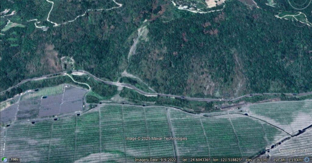 Google Earth view from September 2022 showing the site of the Cilan Landslide in Taiwan.