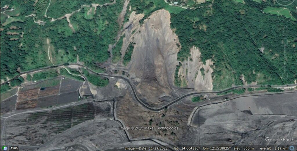 Google Earth view from November 2022 showing the aftermath of the Cilan Landslide in Taiwan.