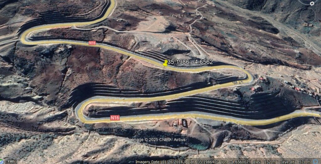 Google Earth view of the site of the 25 January 2025 landslide near to El Jebha in Morocco.