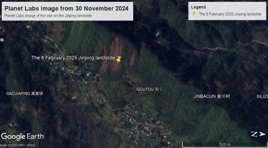 Planet Labs image, captured on 30 November 2024, of the site of the Jinping landslide.