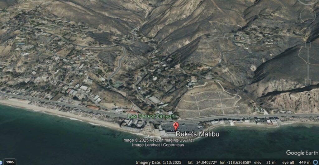 Google Earth imagery from January 2025 showing the area upstream from Duke's Malibu that has been burned by the Palisades fire.