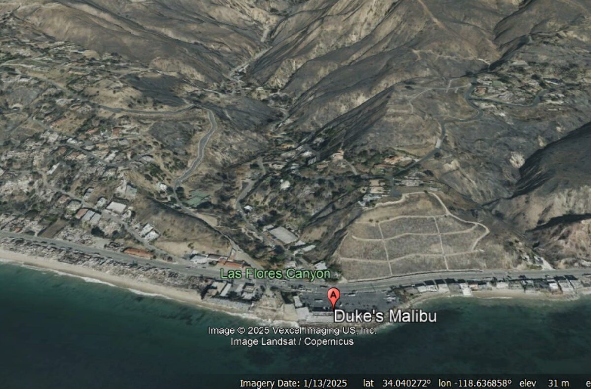 Google Earth imagery from January 2025 showing the area upstream from Duke's Malibu that has been burned by the Palisades fire.