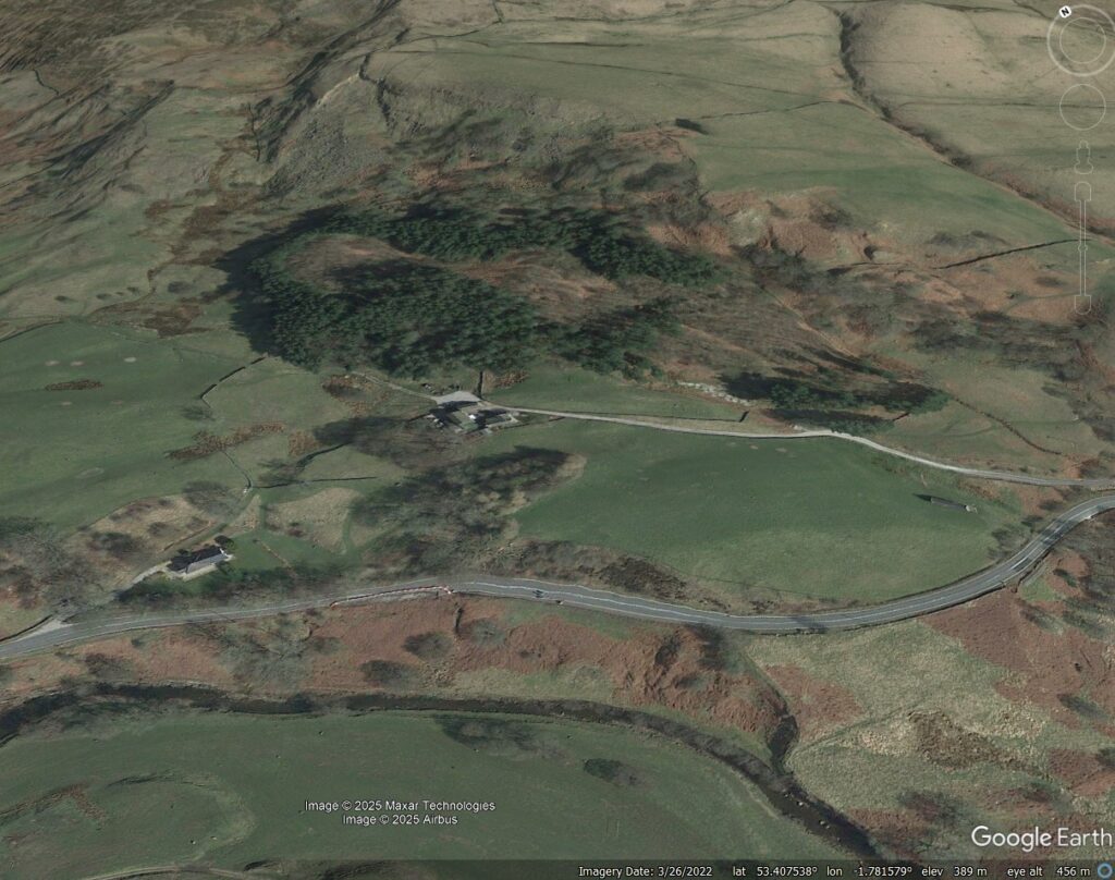 Google Earth image of a section of the Snake Pass affected by a landslide.