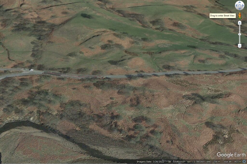 Google Earth image of another section of the Snake Pass affected by a landslide.