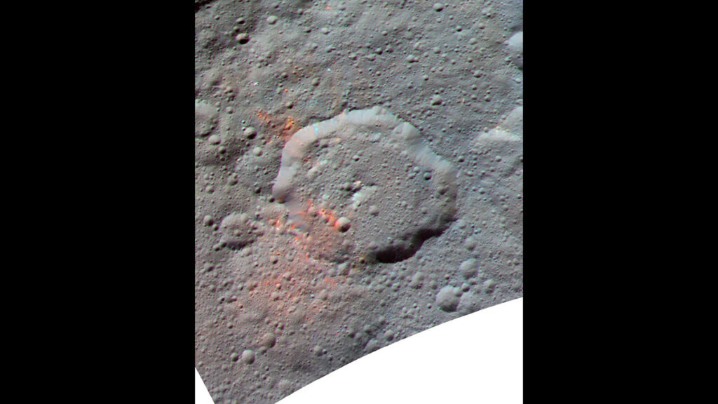 Gray photo of a crater on the dwarf planet Ceres