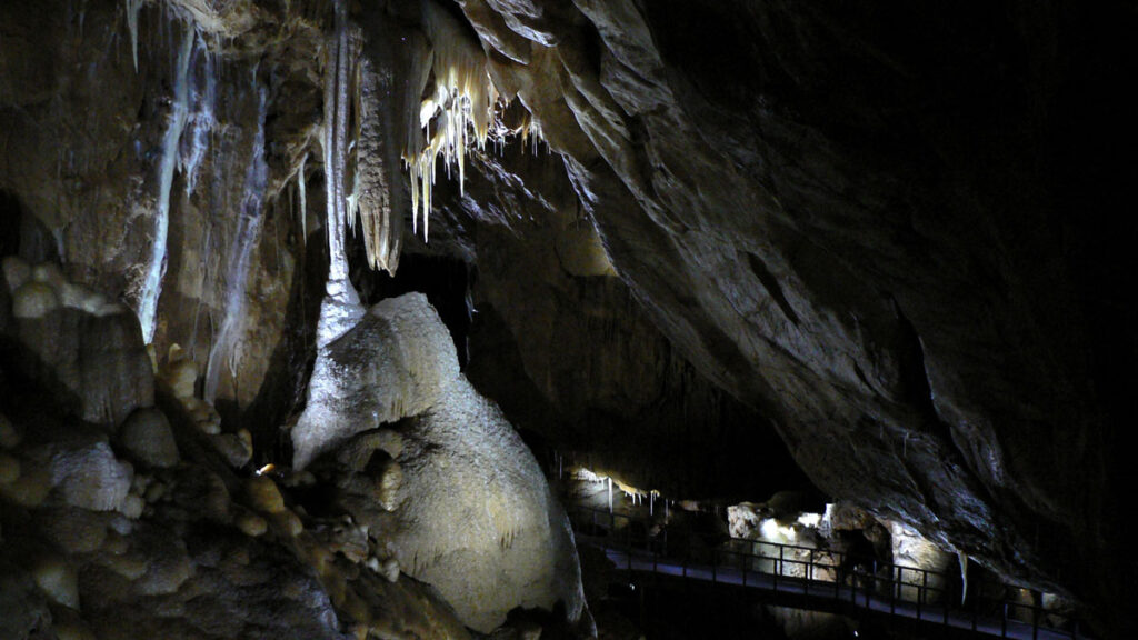 A cave with white stalagmites and stalactites.