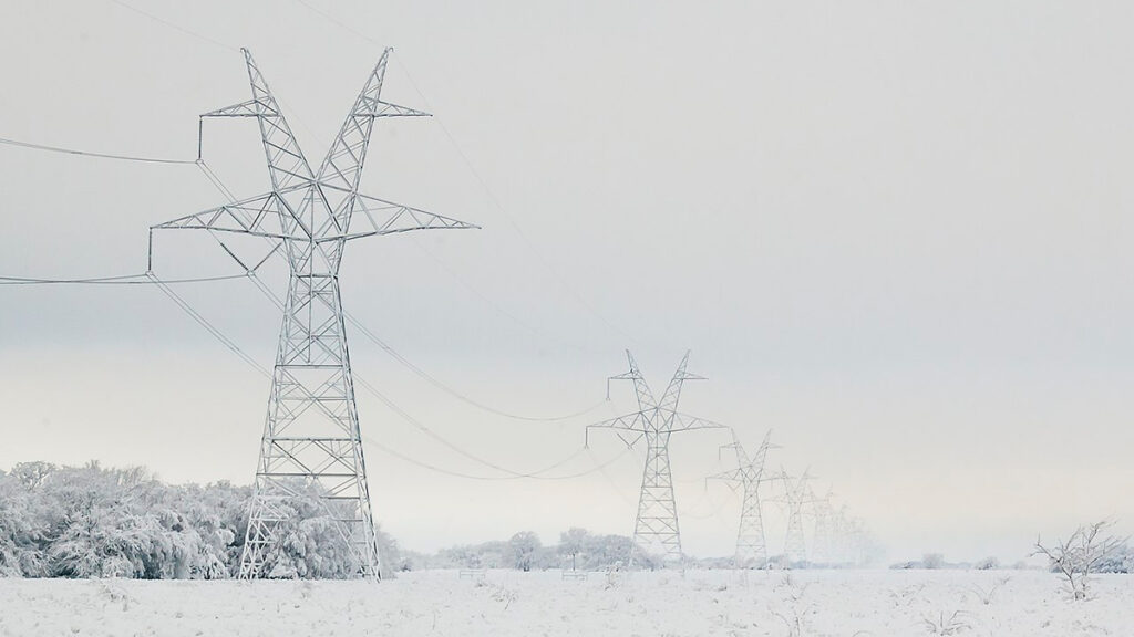 Power lines covered in snow after a blizzard