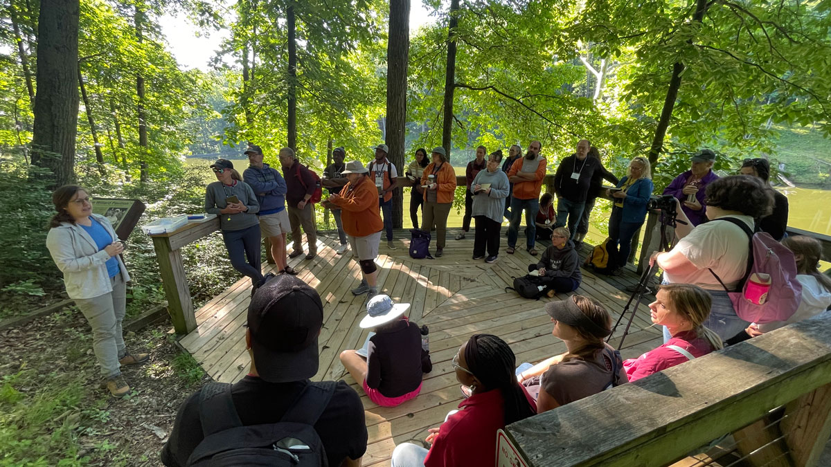 A group of about two dozen people stand (or sit) in a circle on a wooden platform amid a sunlit forest listening to another person speak.