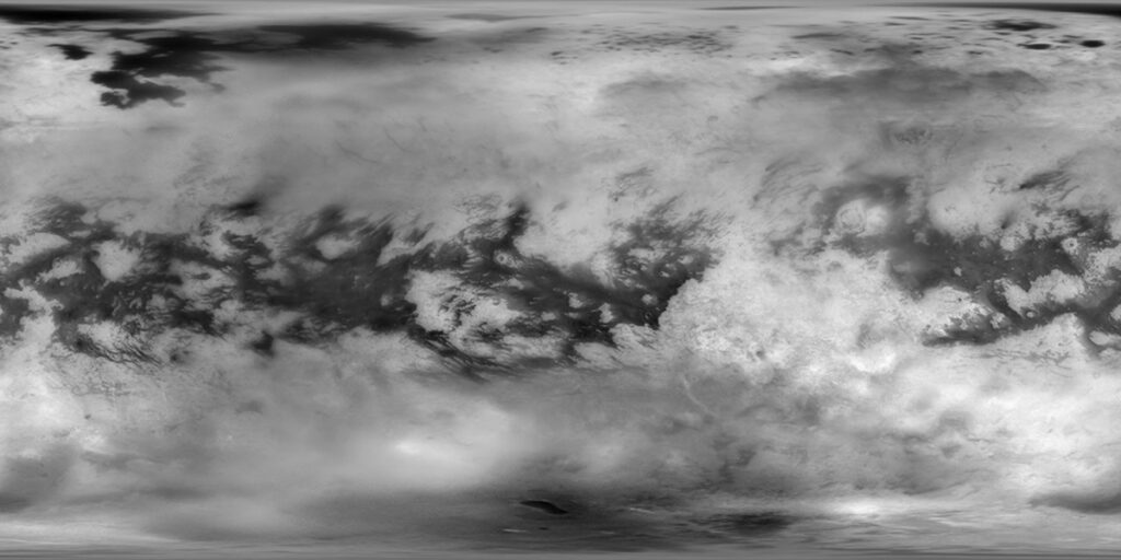 A wide gray-and-whitehorizontally oriented image of what looks like lighter clouds against a darker background