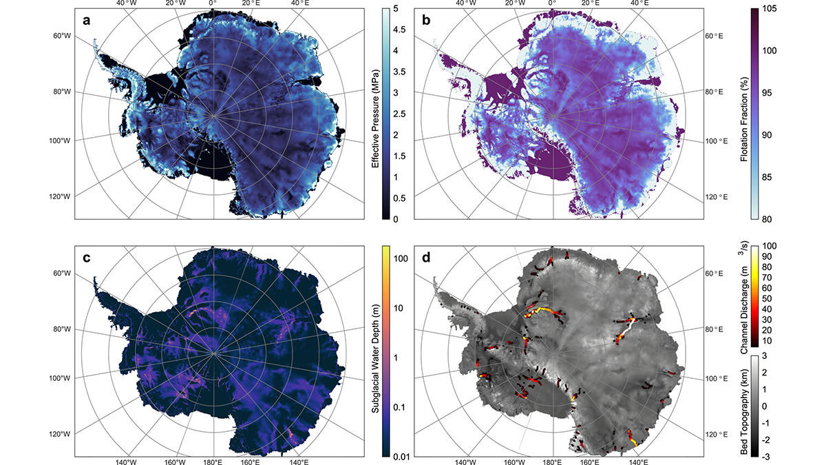 4 maps of Antarctica with different model results projected onto them.
