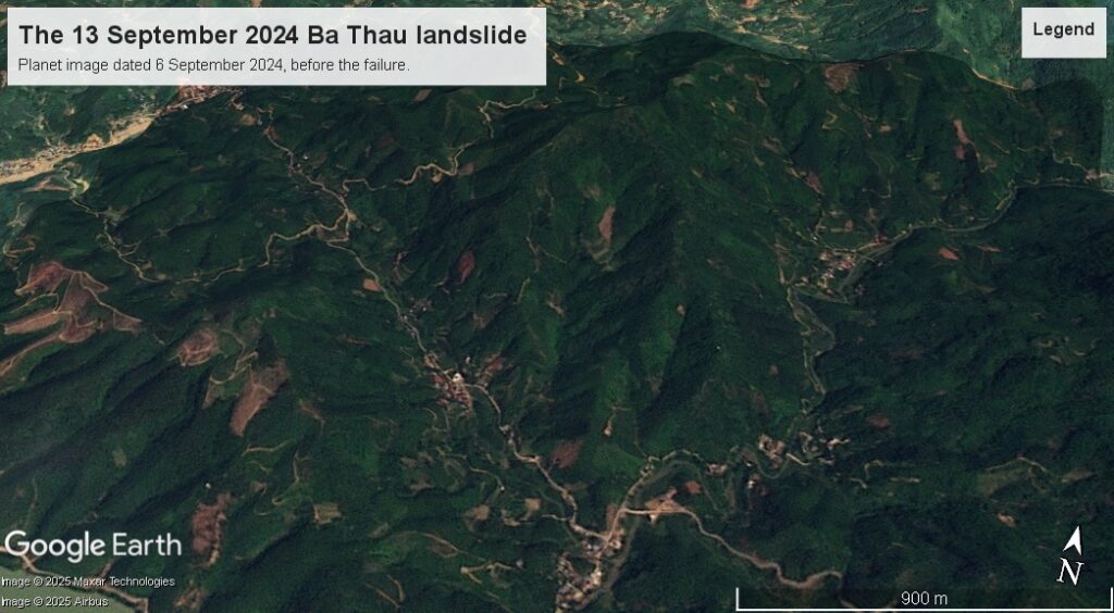 The site of the 13 September 2024 Ba Thau landslide in Vietnam.
Image copyright Planet, used with permission. Image dated 6 September 2024, before the failure.