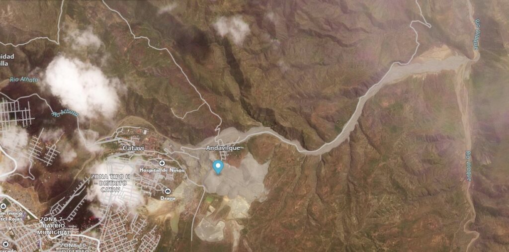Satellite image of the aftermath of the 16 March 2025 tailings landslide at Andavilque in Bolivia.