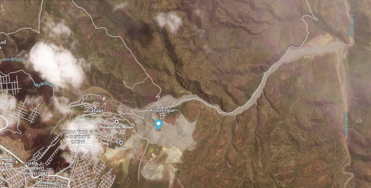 Satellite image of the aftermath of the 16 March 2025 tailings landslide at Andavilque in Bolivia.