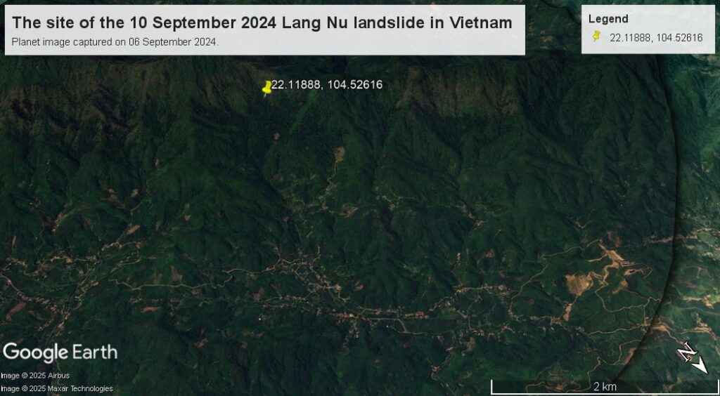 The site of the 10 September 2024 Lang Nu landslide in Vietnam. Image copyright Planet, captured on 06 September 2024, used with permission.