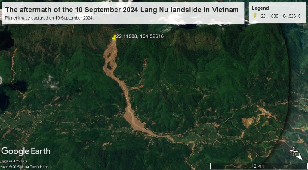 The aftermath of the 10 September 2024 Lang Nu landslide in Vietnam. Image copyright Planet, captured on 19 September 2024, used with permission.