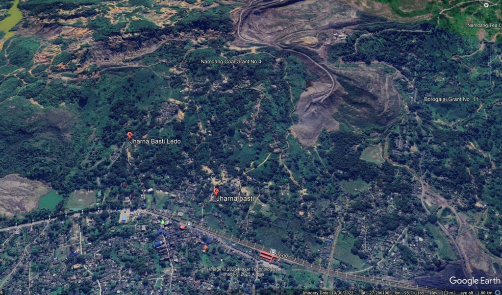 Google Earth image of the area around Ledo in Assam, India, showing the coal dumps that are causing concerns about landslides.