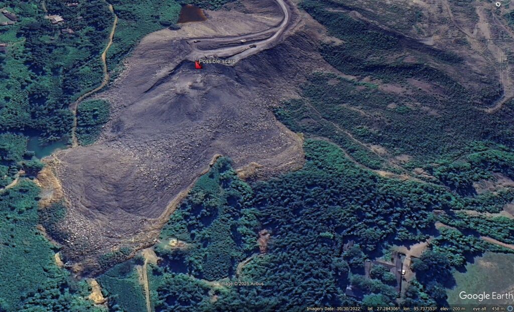 Google Earth image from 2022 showing a possible rear scarp of a failure in mine waste at Ledo in Assam, India.