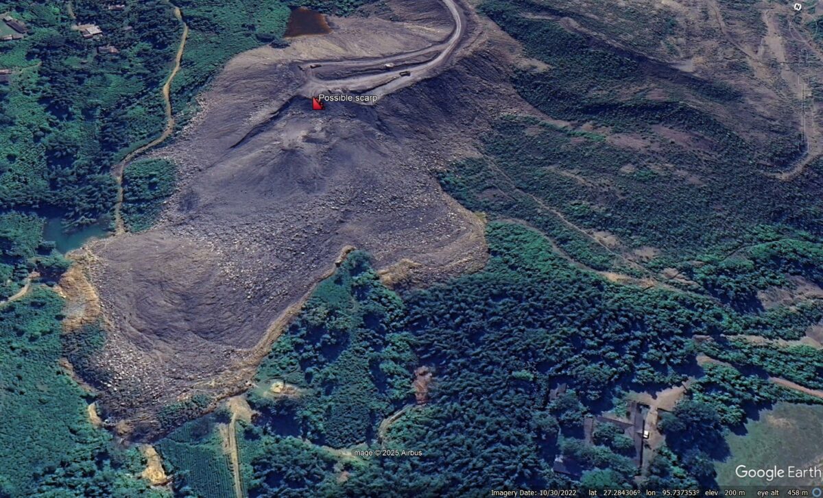 Google Earth image from 2022 showing a possible rear scarp of a failure in mine waste at Ledo in Assam, India.