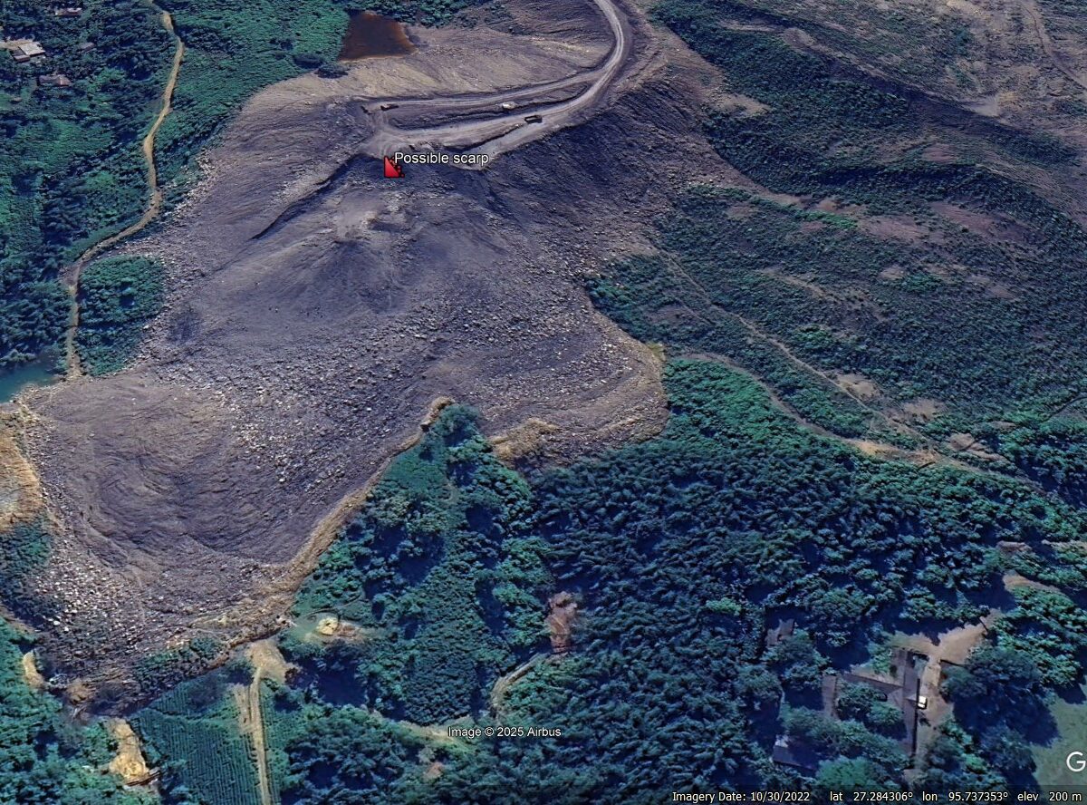 Google Earth image from 2022 showing a possible rear scarp of a failure in mine waste at Ledo in Assam, India.