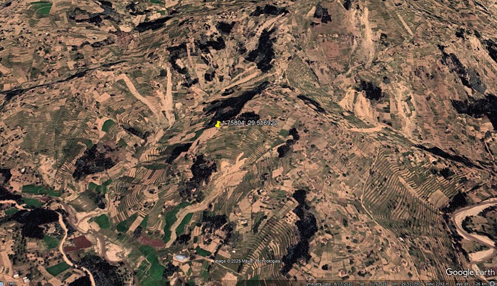 Google Earth image of a part of the study area of Sibomana et al. (2025) in NW Rwanda. Note the terraces and the multiple shallow landslides.