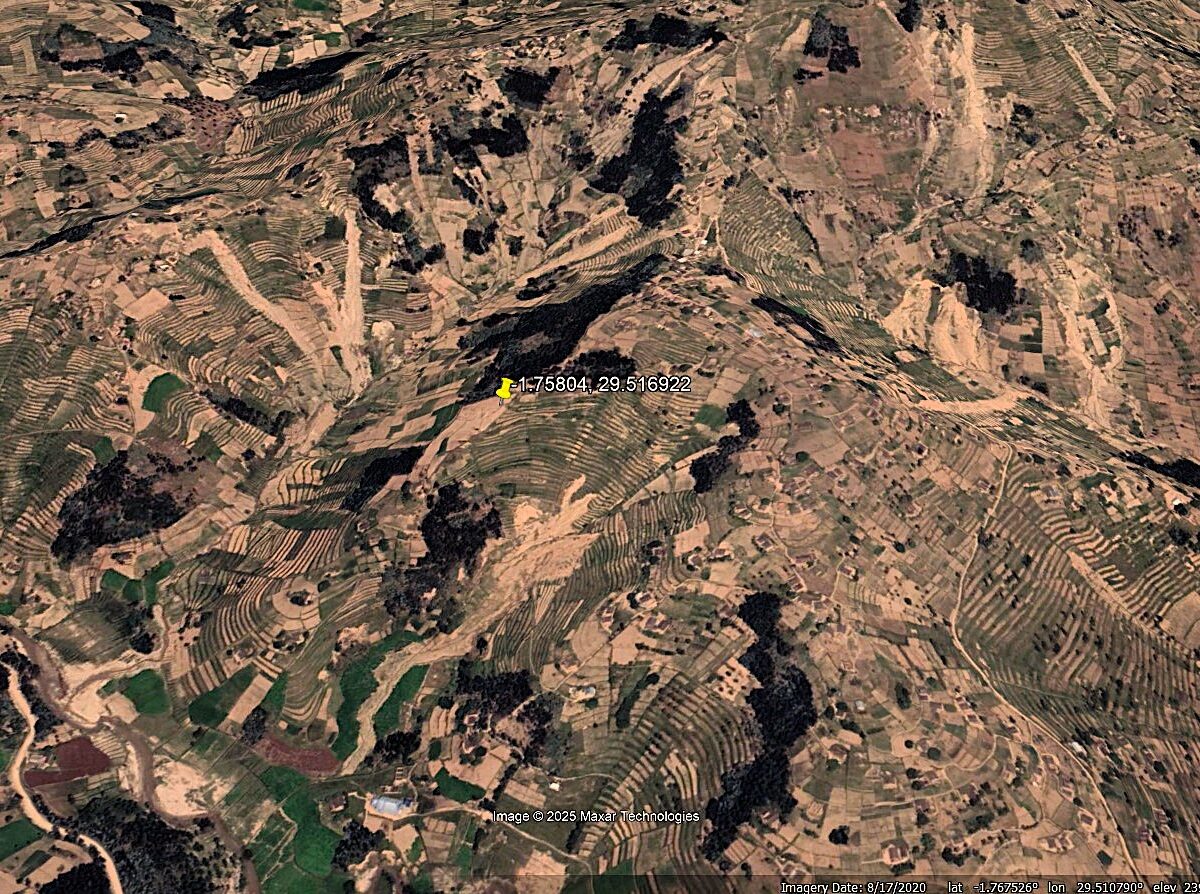 Google Earth image of a part of the study area of Sibomana et al. (2025) in NW Rwanda. Note the terraces and the multiple shallow landslides.