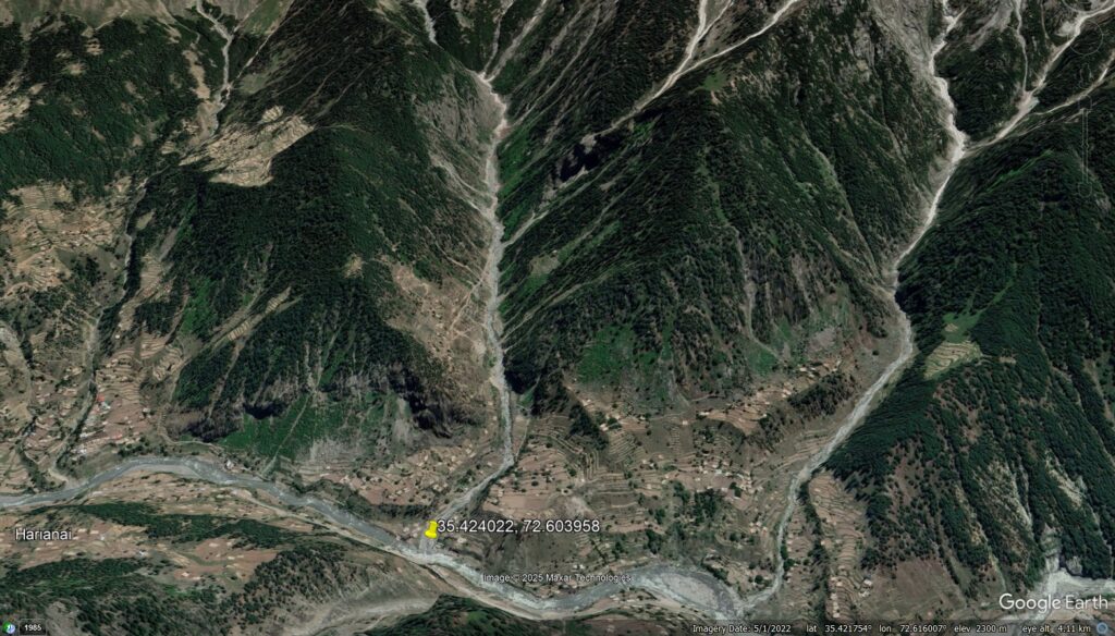 Google Earth image of the site of the 26 August 2022 debris flow at Budai Kamar in the Swat Valley, Pakistan.