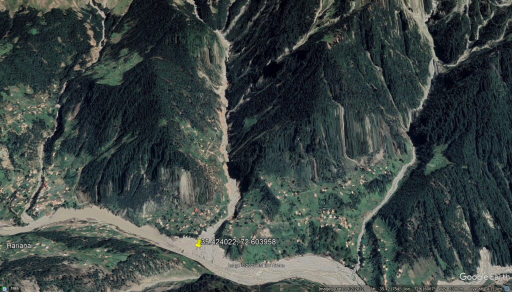 Google Earth image of the aftermath of the 26 August 2022 debris flow at Budai Kamar in the Swat Valley, Pakistan.