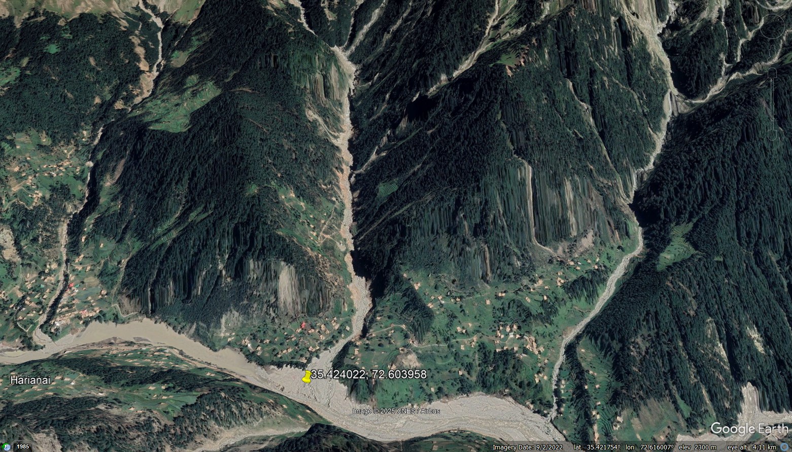 Google Earth image of the aftermath of the 26 August 2022 debris flow at Budai Kamar in the Swat Valley, Pakistan.