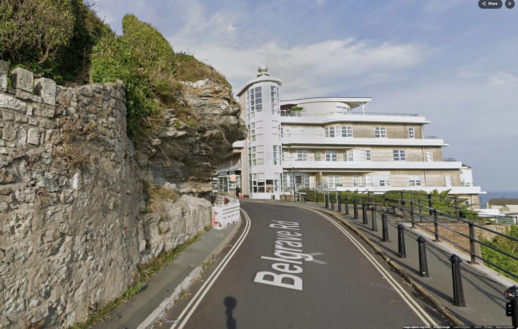 Google StreetMap view of the site of the 7 March 2025 rockfall in Ventnor on the Isle of Wight.
