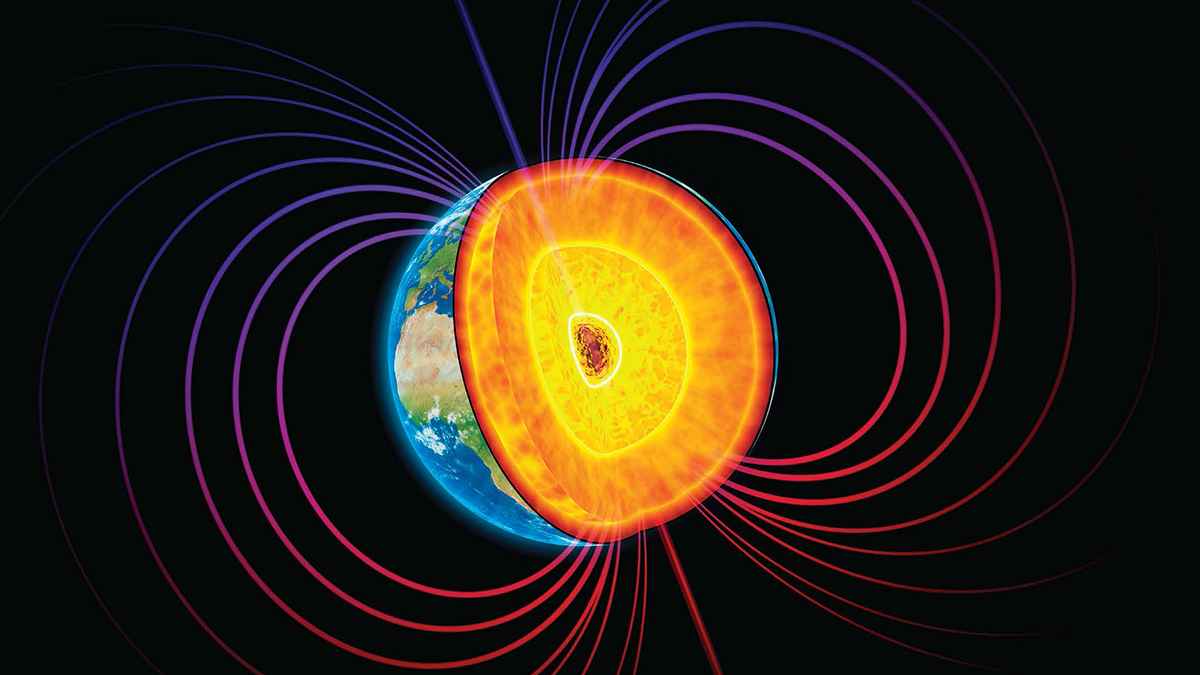 Illustration of a cross section of Earth with magnetic field lines.