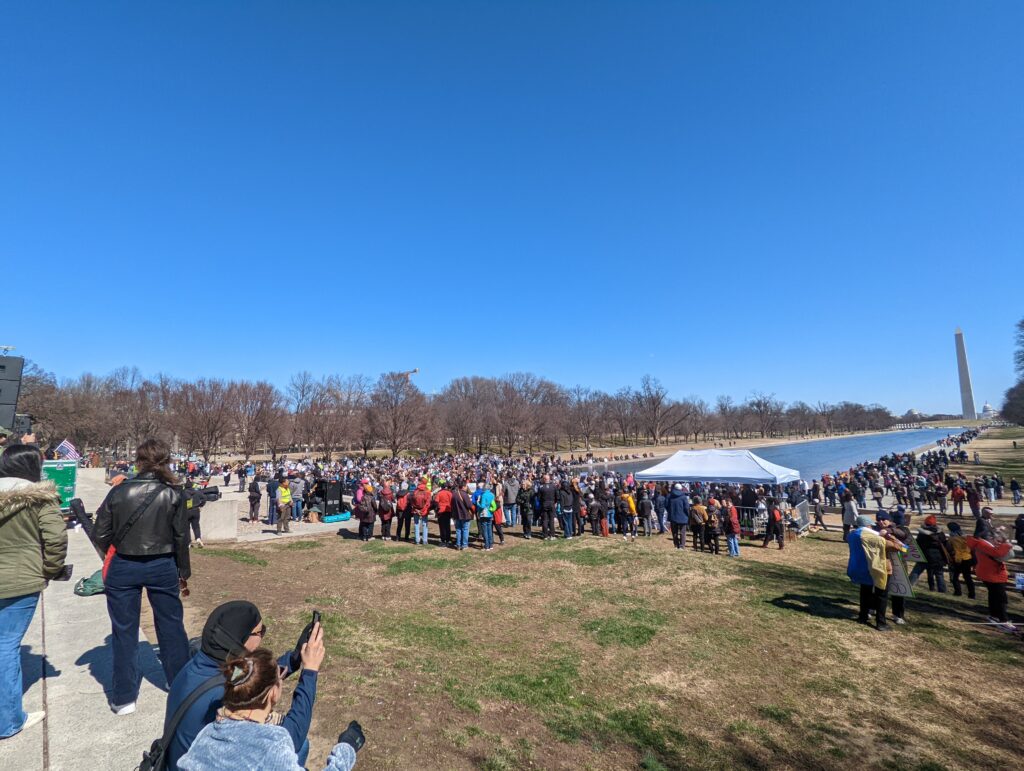 A crowd in front of the Lincoln Memorial Reflecting Pool