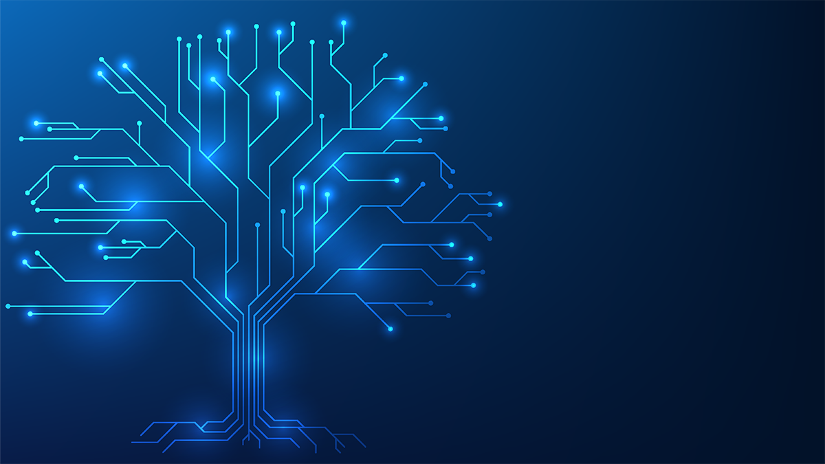 Illustration depicting glowing blue circuitry lines in the shape of a tree with branches, a trunk, and roots