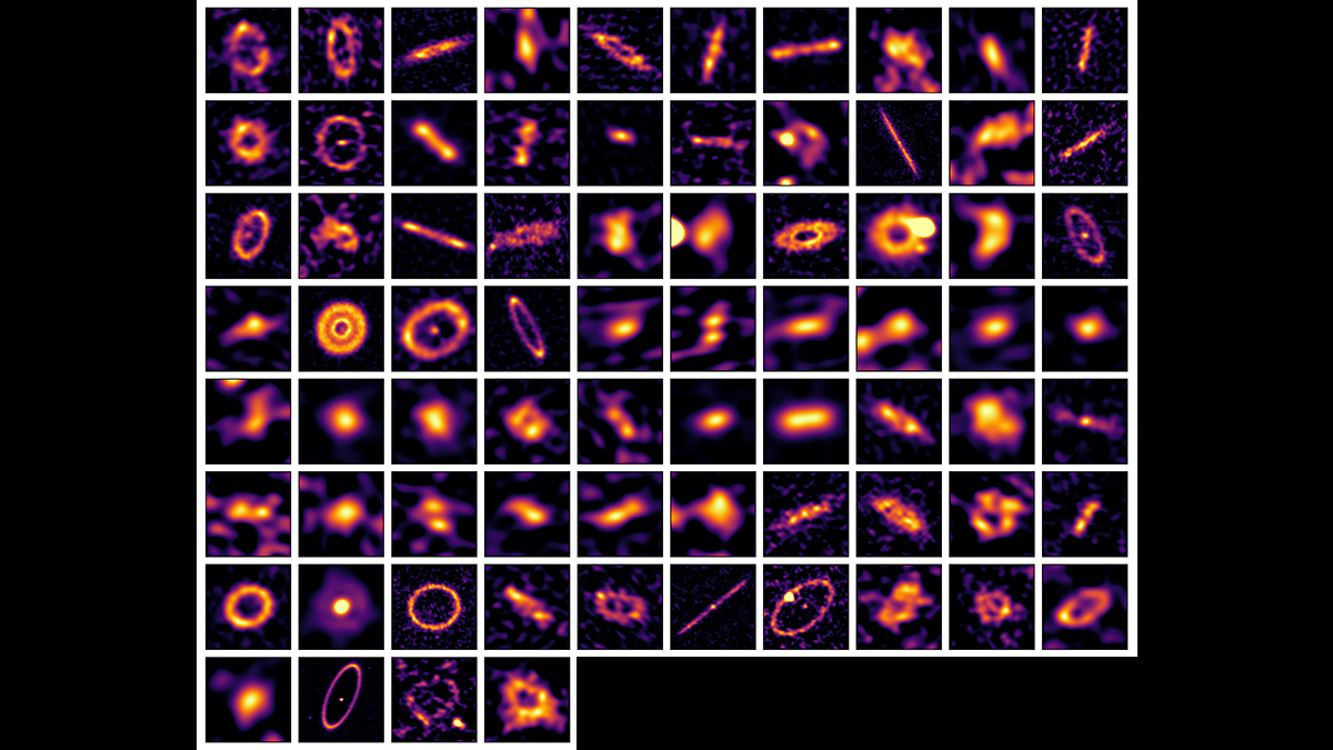 Una cuadrícula muestra imágenes de 74 anillos brillantes de diversas formas, tamaños y ángulos.