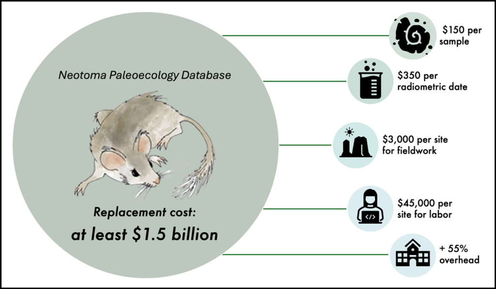 Illustration showing the different components costs making up an overall estimated replacement cost for the Neotoma Paleoecology Database