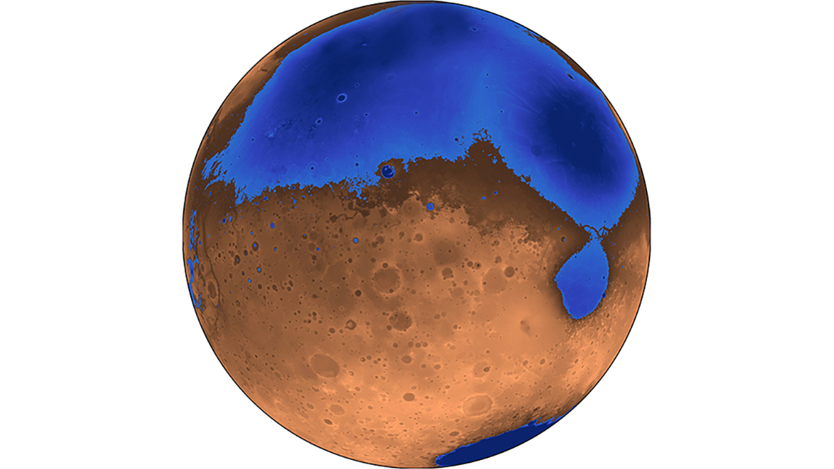 A reddish planet appears with a blue ocean covering most of its upper half