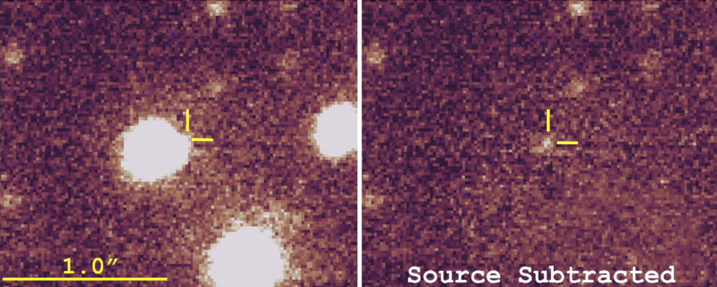 A dark background with large blobs of light in one panel and smaller spots in another