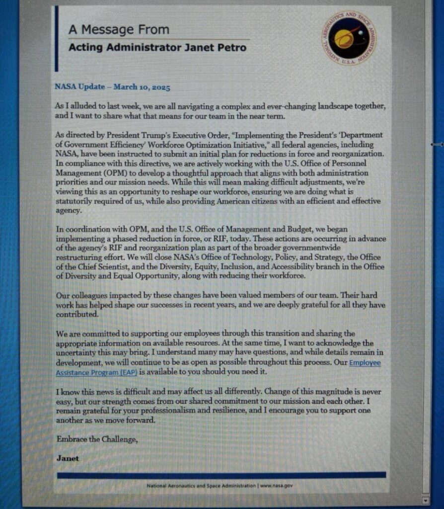 Memo from NASA Acting Administrator Janet Petro on the 10 March 2025 reductions in force