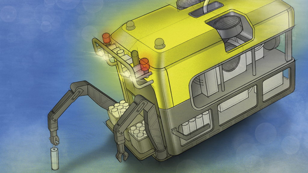 An illustration of a midsize remotely operated vehicle. The vehicle resembles a yellow box with lights and mechanical arms attached.